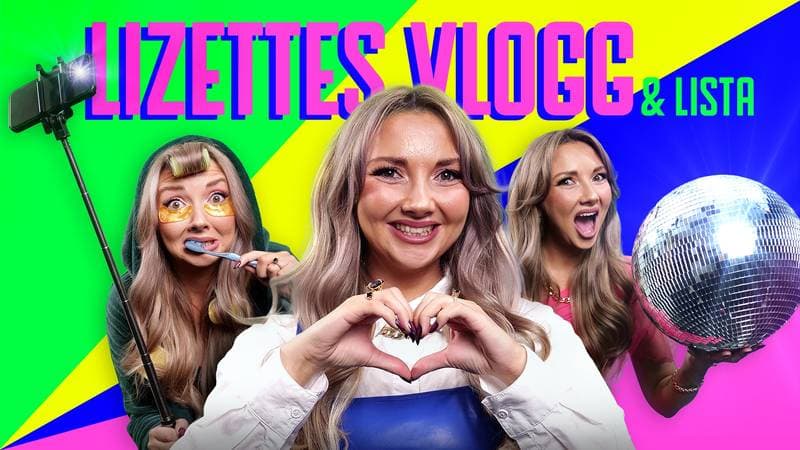 Lizette gör ett hjärta med händerna framför en färgstark bakgrund, programbild för Lizettes vlogg och lista i SVT Barn